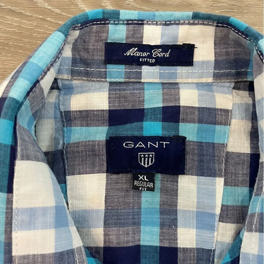 GANT Manor Cord Fitted Blue Plaid Cotton Lightweight Summer Casual Shirt XL - Picture 3 of 6